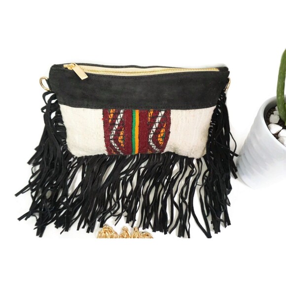 Handira Fringe Bag: Moroccan Kilim, Suede Leather Clutch - Picture 4 of 9